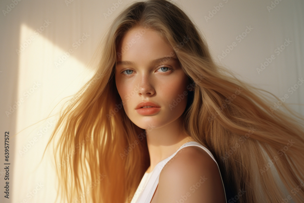 portrait of a woman/model/book character in a close up with long blonde red hair in a fashion/beauty editorial advertisement magazine style film photography look redhead - generative ai art portrait of a woman/model/book character in a close up with long blonde red hair in a fashion/beauty editorial advertisement magazine style film photography look redhead - generative ai art