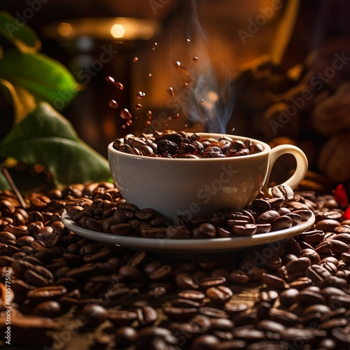 Coffee cup and beans with coffee steams on wooden table close up