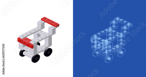 Concept with supermarket grocery cart in isometric style for print and decoration. Vector illustration.