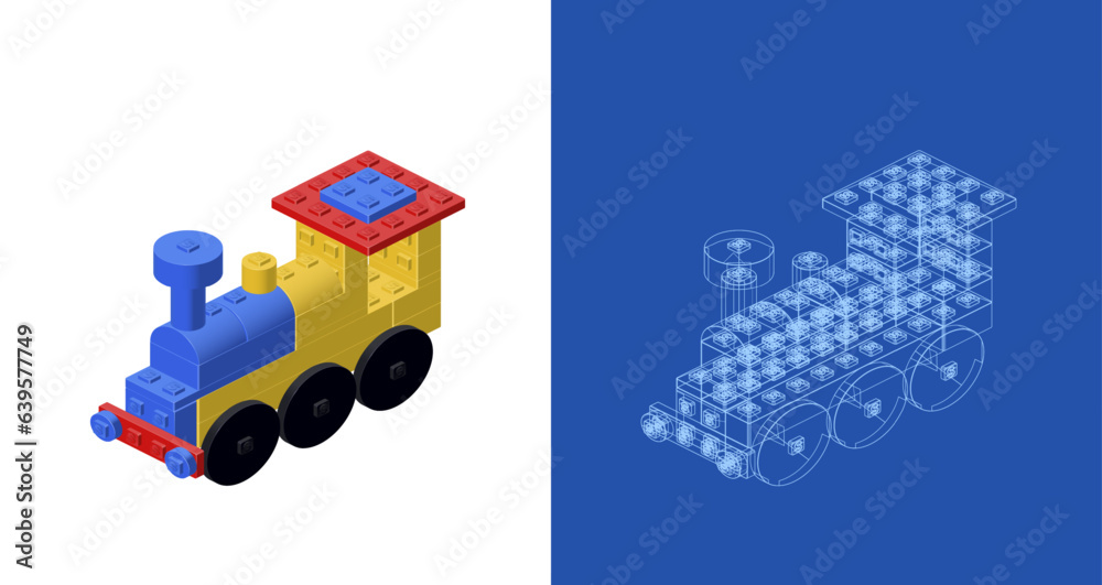 Concept with locomotive in isometric style for print and decoration. Vector illustration.