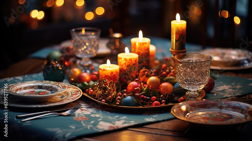 Beautiful holiday table setting with candles. Generative Ai
