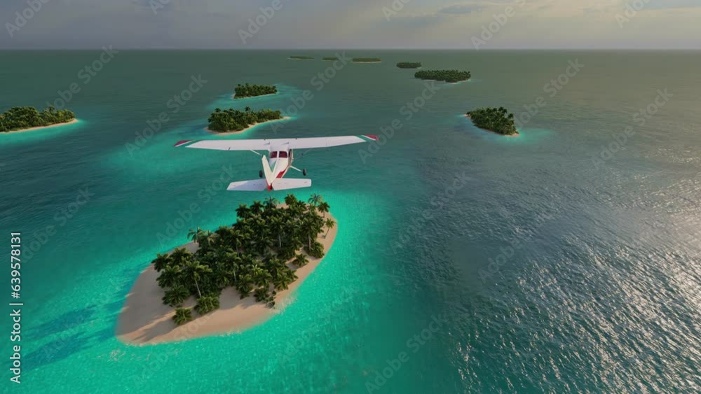 Airplane flying over amazing ocean landscape with tropical islands. 3D animation Aerial view of airplane, water and jungle islands in summer. Theme of travel, vacation, sea, trip, weekend and tourism.