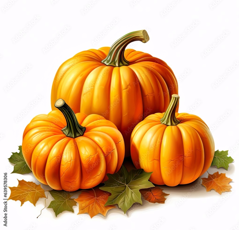 A drawing of three pumpkins with leaves on the top A drawing of three pumpkins with leaves on the top