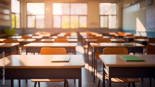 Empty school classroom without young student. Blurry view of elementary class room no kid or teacher with chairs and tables in campus