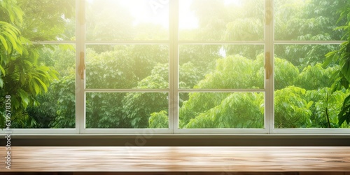 Nature glimpse. Sunlit window view with wooden table in old house. Vintage charm. Rustic serenity. Sunshine and greenery. Tranquil backdrop. Elegance in simplicity