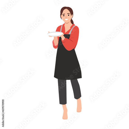 Young smiling happy fun housewife housekeeper chef baker latin woman wear striped apron toque hat hold in hand empty plate.