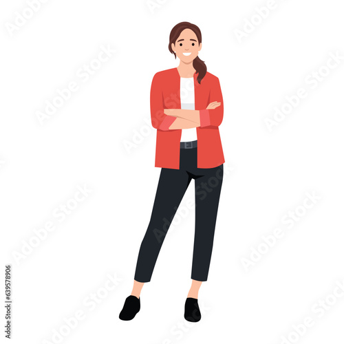 Young positive gorgeous woman standing crossed arms. Flat vector illustration isolated on white background
