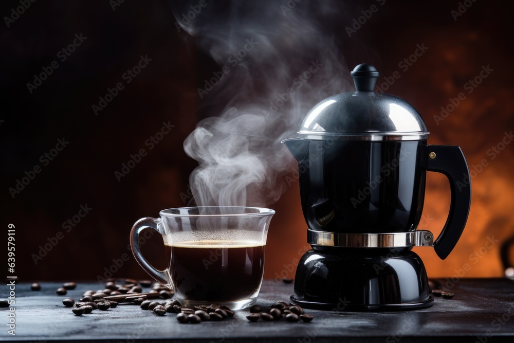 Kettle and glass coffee cup on dark background, scattered coffee beans Kettle and glass coffee cup on dark background, scattered coffee beans