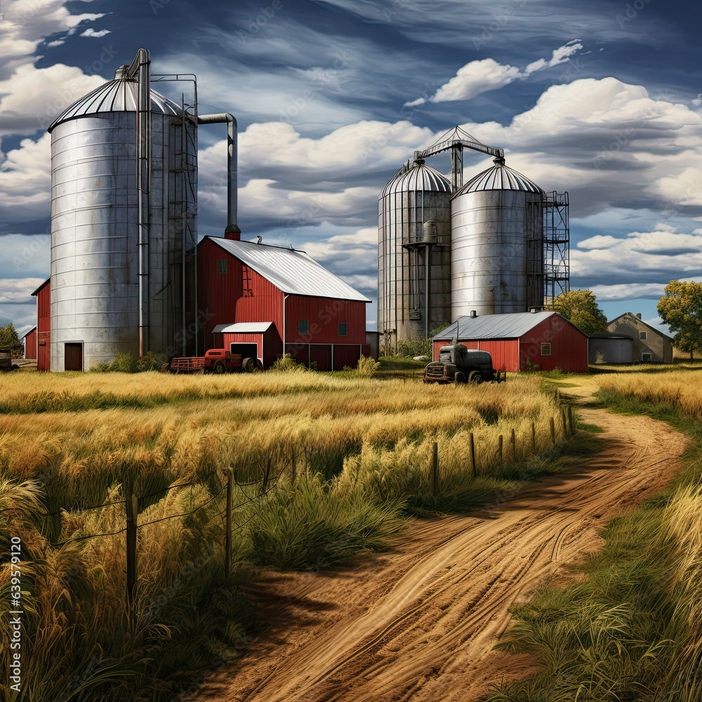 Stocks of grain in granaries. Agriculture, grain deal concept, metal grain storage stands in a field Stocks of grain in granaries. Agriculture, grain deal concept, metal grain storage stands in a field