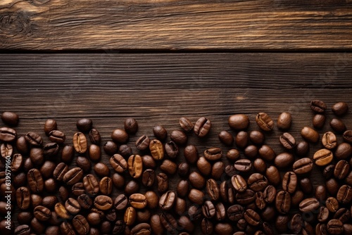 Roasted Coffee beans on wooden background, texture and copy spase, top view.
