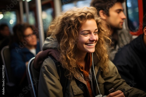 Happy laughing teenage girl travelling with friends inside the train.