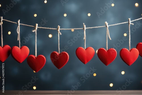 Valentine's day background. Red hearts hanging over rope on grey