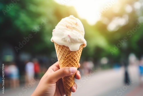 Hand holding ice cream melting in waffle cone on blurred summer city background. Beautiful sunny hot day.