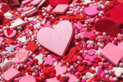 Sugar sprinkle dots pink hearts, decoration for cake and bakery, as background, close-up