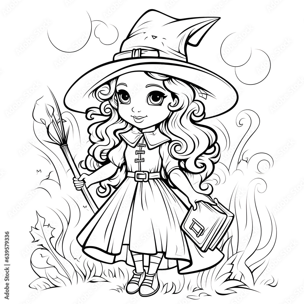 Coloring book for kids pages child witch and wizard, Generated AI