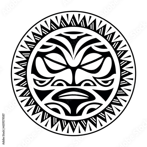 Round tattoo ornament with sun face maori style. African, aztecs or mayan ethnic mask. Black and white.