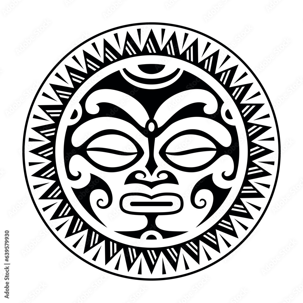 Round tattoo ornament with sun face maori style. African, aztecs or mayan ethnic mask. Black and white. Round tattoo ornament with sun face maori style. African, aztecs or mayan ethnic mask. Black and white.