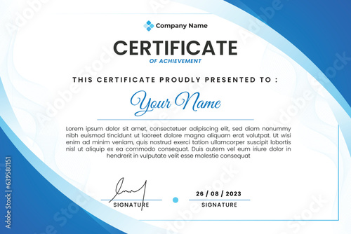 Blue certificate of achievement template with Blue Wave border. vector gradient elegant certificate template