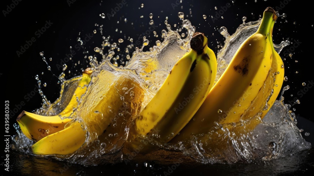 front view fresh banana hit by splashes of water with black blur background