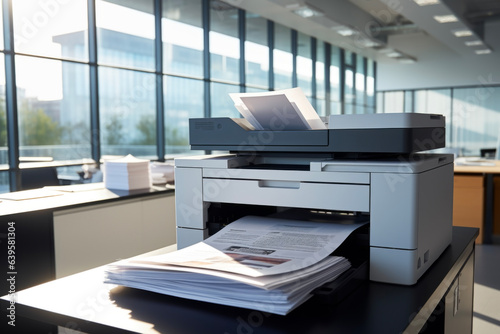 A printer that prints out work documents in the office. Personal computer concept suitable for presentations and materials.