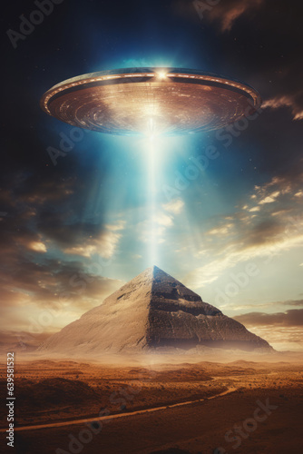 UFO hovering on top of Egyptian pyramid