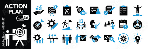 Action plan icon set. Containing planning, schedule, strategy, analysis, tasks, goal, collaboration and objective icons. Solid icon collection.	