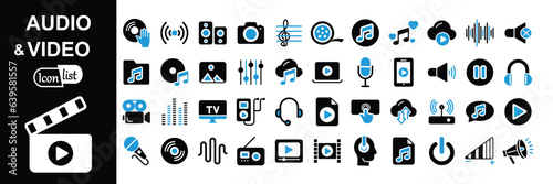 Audio Video icon set. Music, Cinema, File, Song, Movie and more. Simple vector icons. Vector illustration