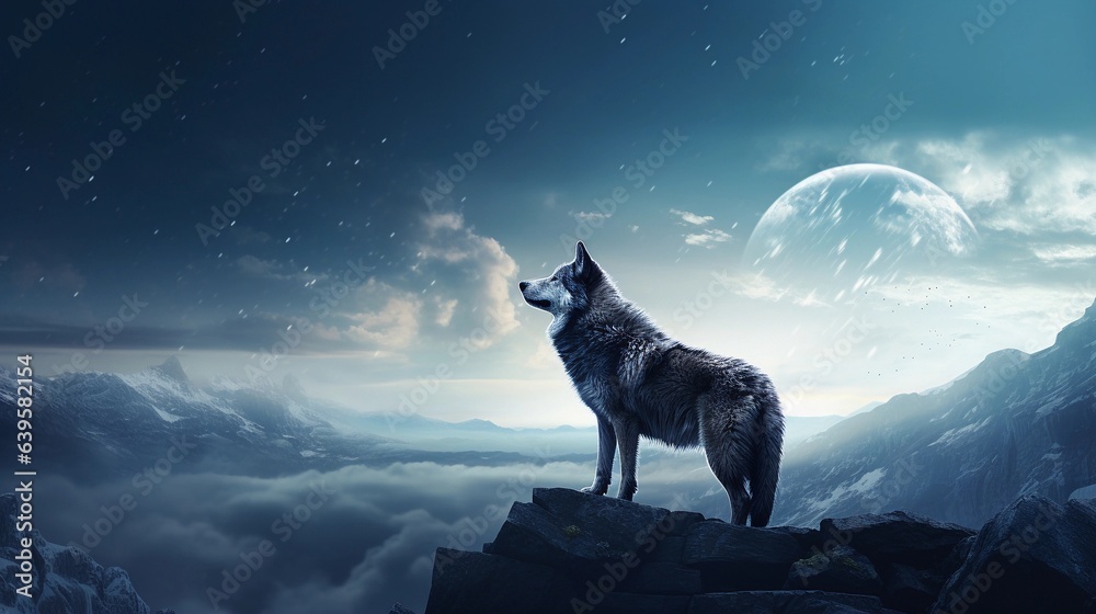 A lone wolf under the moonlight, traversing a serene landscape, offering a tranquil scene with space for text near the horizon, AI generated A lone wolf under the moonlight, traversing a serene landscape, offering a tranquil scene with space for text near the horizon, AI generated