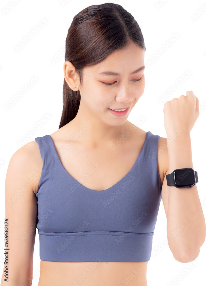 Happy young asian woman looking smartwatch for exercise and aerobics with cardio, female looking smart watch with wrist for pulse while workout with health, sport concept. Happy young asian woman looking smartwatch for exercise and aerobics with cardio, female looking smart watch with wrist for pulse while workout with health, sport concept.