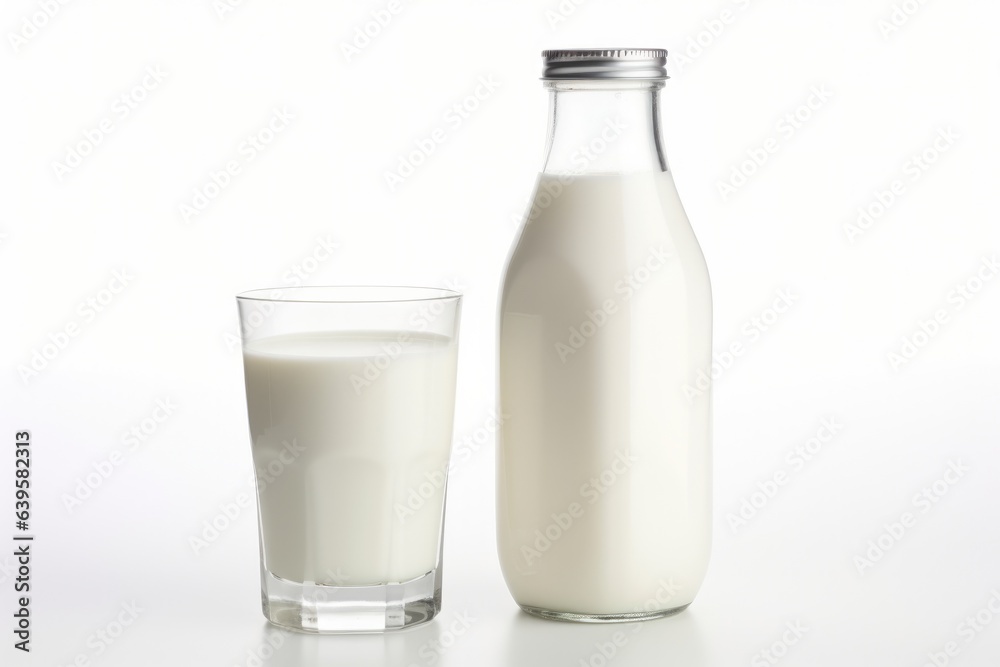 Milk in glass bottle and in glass isolated on white background