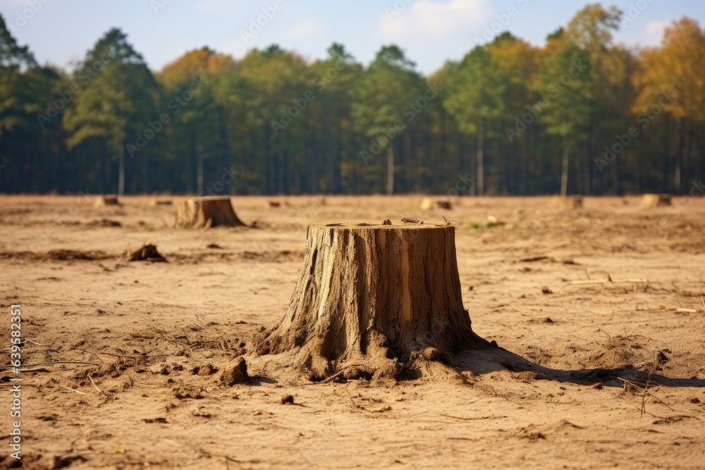 Many tree stumps in autumn forest. Deforestation and forest degradation.