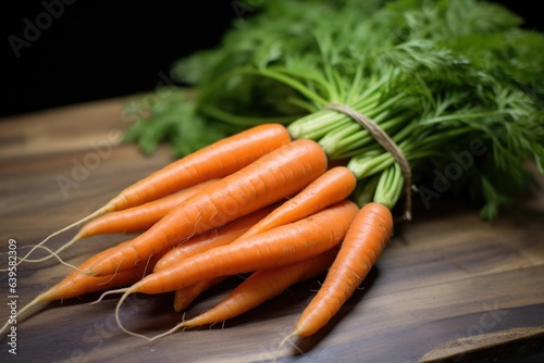 Bunch of carrots  on wooden counter with fresh vegetables in farmers market or supermarket, close up
