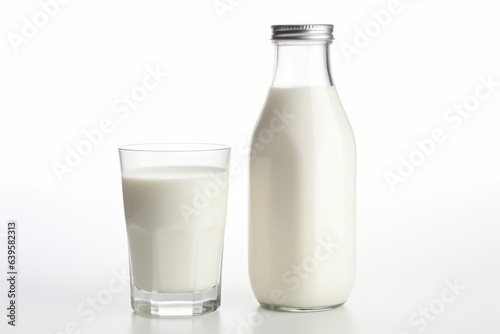 Milk in glass bottle and in glass isolated on white background