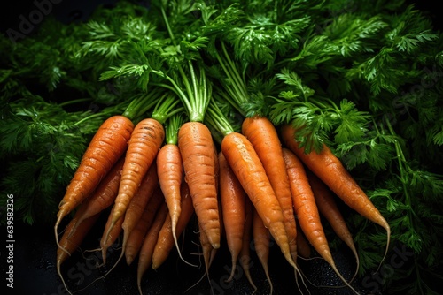 Pile of fresh orange carrots with green leaves, close up. Background of fresh vegetables.