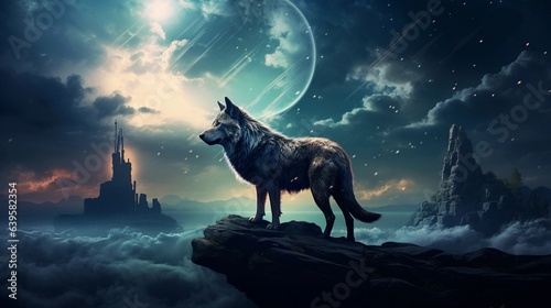 A lone wolf under the moonlight, traversing a serene landscape, offering a tranquil scene with space for text near the horizon, AI generated