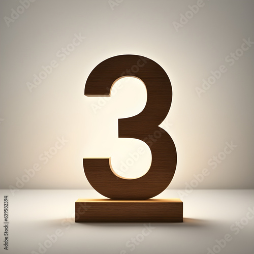 Number 3 on wooden block with light background, for print, graphic andd agenda concept. Generative AI © Iceman_31