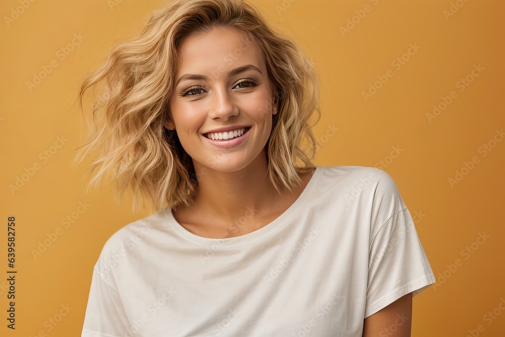 Young happy surprised caucasian smiling woman 20s wear white casual t-shirt on workspace area copy space mock up isolated on yellow orange color background studio portrait Young happy surprised caucasian smiling woman 20s wear white casual t-shirt on workspace area copy space mock up isolated on yellow orange color background studio portrait