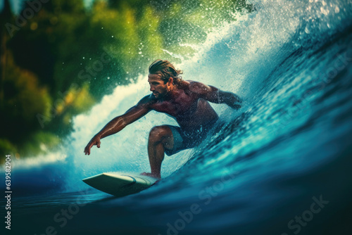 Surfing action water board sport. a man water sport lessons and beach swimming activity on summer vacation. Generaive Ai