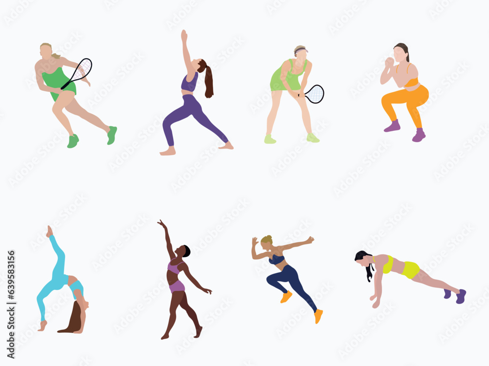 Set of isolated vector illustration of woman athletic spirit action. Idea of sportive active lifestyle vector flat design 