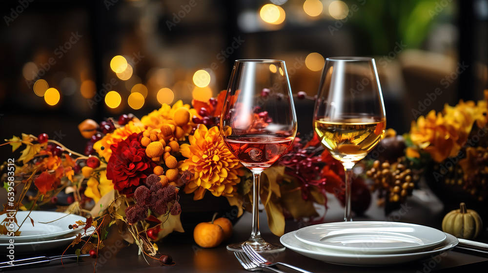 Thanksgiving holiday dinner table setting with fall decoration and pumpkins. Generative Ai
