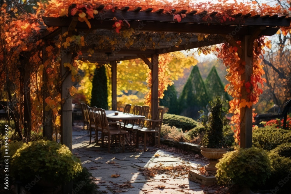 Beautiful and Serene Pergola in Autumn. Generative AI Illustration. Beautiful and Serene Pergola in Autumn. Generative AI Illustration.