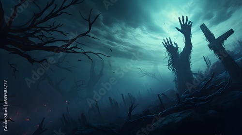 zombie hands coming out from dead cemetery in haunted spooky night.