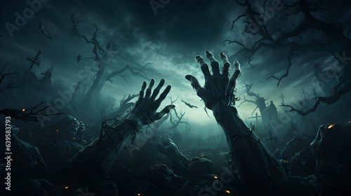 zombie hands coming out from dead cemetery in haunted spooky night.