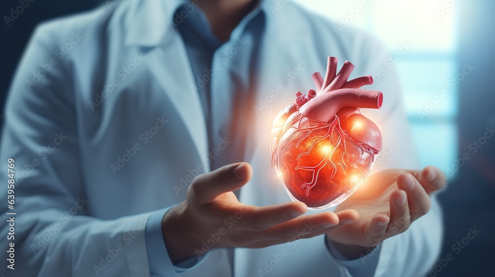 doctor holding a stethoscope with a human heart. . generative ai - obrazy, fototapety, plakaty 