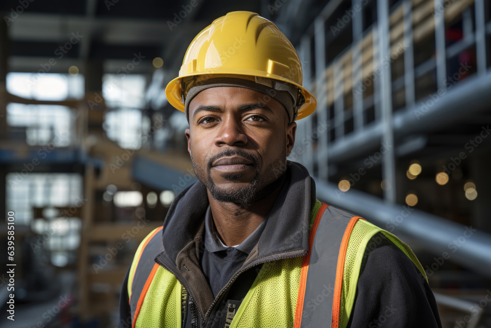 Portrait of man african american engineer worker in uniform and hardhat Portrait of man african american engineer worker in uniform and hardhat