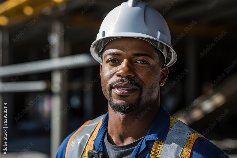 Portrait of man african american engineer worker in uniform and hardhat Portrait of man african american engineer worker in uniform and hardhat