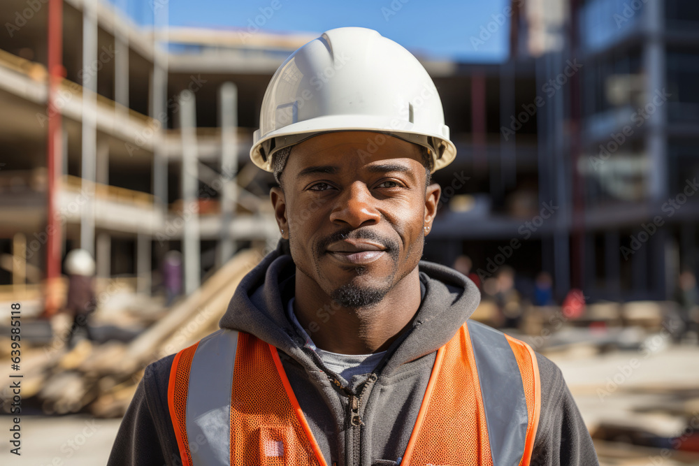 Portrait of man african american engineer worker in uniform and hardhat Portrait of man african american engineer worker in uniform and hardhat