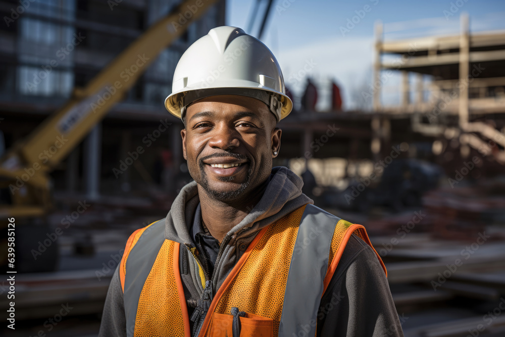 Portrait of man african american engineer worker in uniform and hardhat Portrait of man african american engineer worker in uniform and hardhat