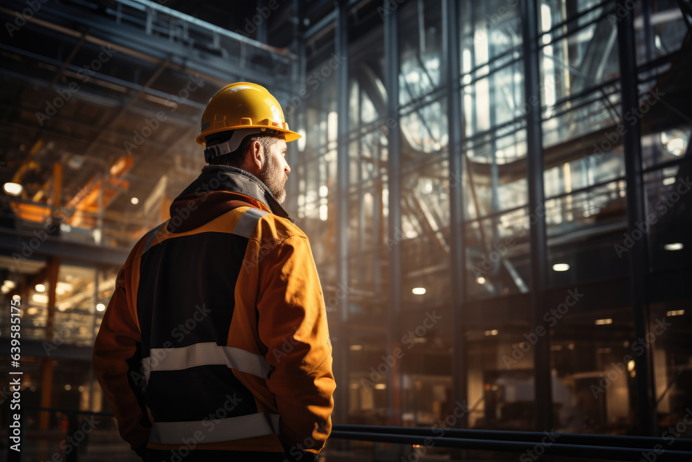 man worker in uniform and hard hat at construction site