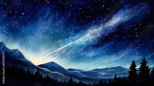 夜空に流れ星が流れる水彩イラスト背景